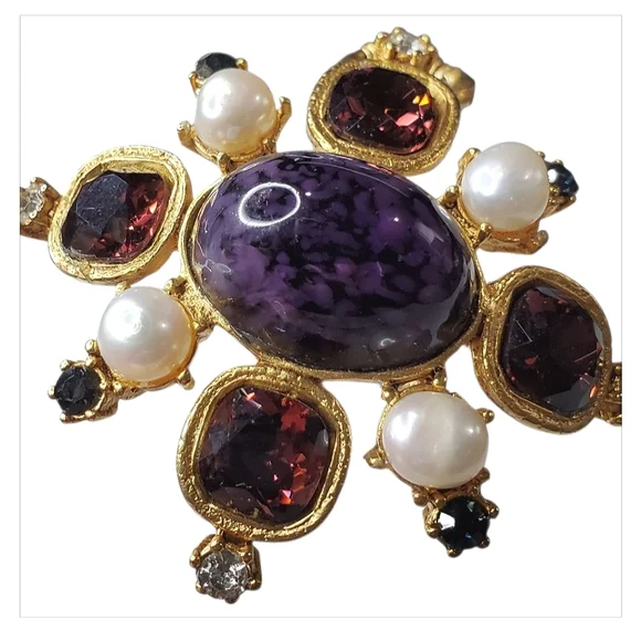 GERARD YOSCA Vintage Gold Byzantine Maltese Cross Glass Cabochon Necklace - Picture 4 of 5